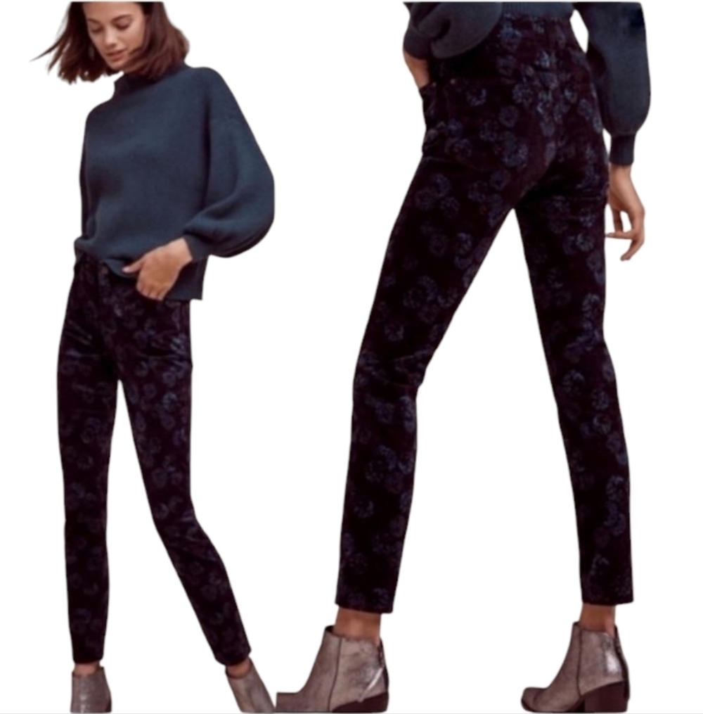 Anthropologie Pilcro Floral Velvet Script Cropped Straight Pants Cotton Size 26